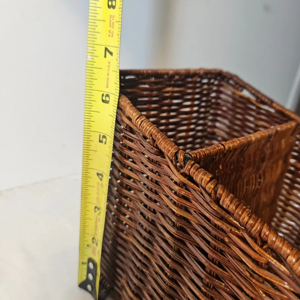 Vintage Brown Wicker Desk Organizer 2-Compartment Woven Mail Sort Basket Rustic